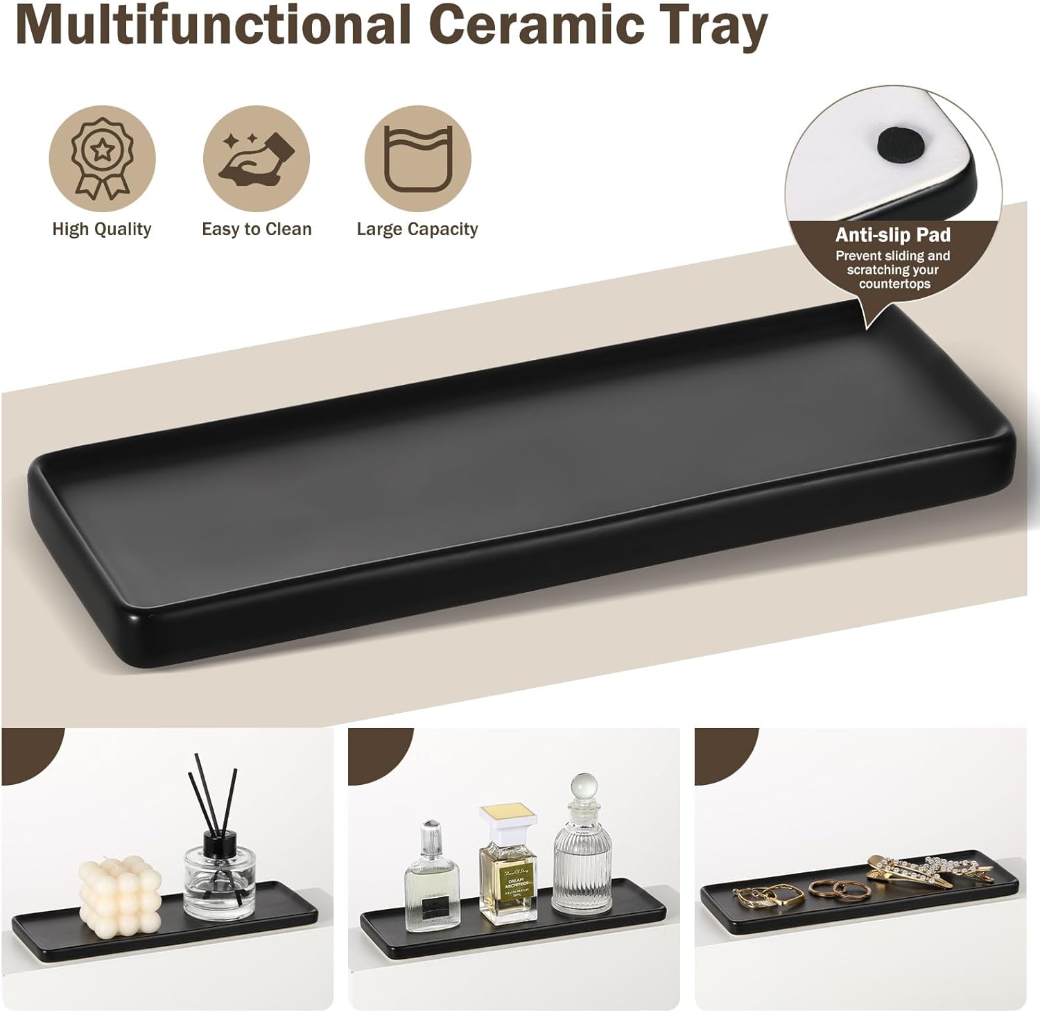 Shinowa Glass Bathroom Accessories Set, 5 Piece Luxury Bathroom Set with Soap Dispenser, Toothbrush Holder, Qtip Holder with Lid, Soap Dish & Tray, Modern Vanity Countertop Organizer, Brown + Black