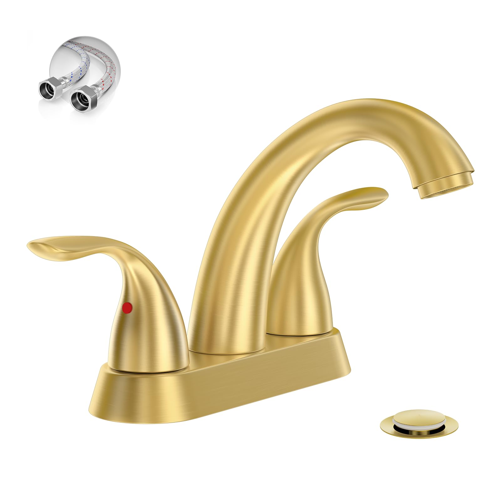 Phiestina Brushed Gold 4 Inch Centerset 2 or 3 Holes 2 Handle Bathroom Faucet, Bathroom Faucet with Copper Pop Up Drain and Water Supply Lines, BF008-5-BG