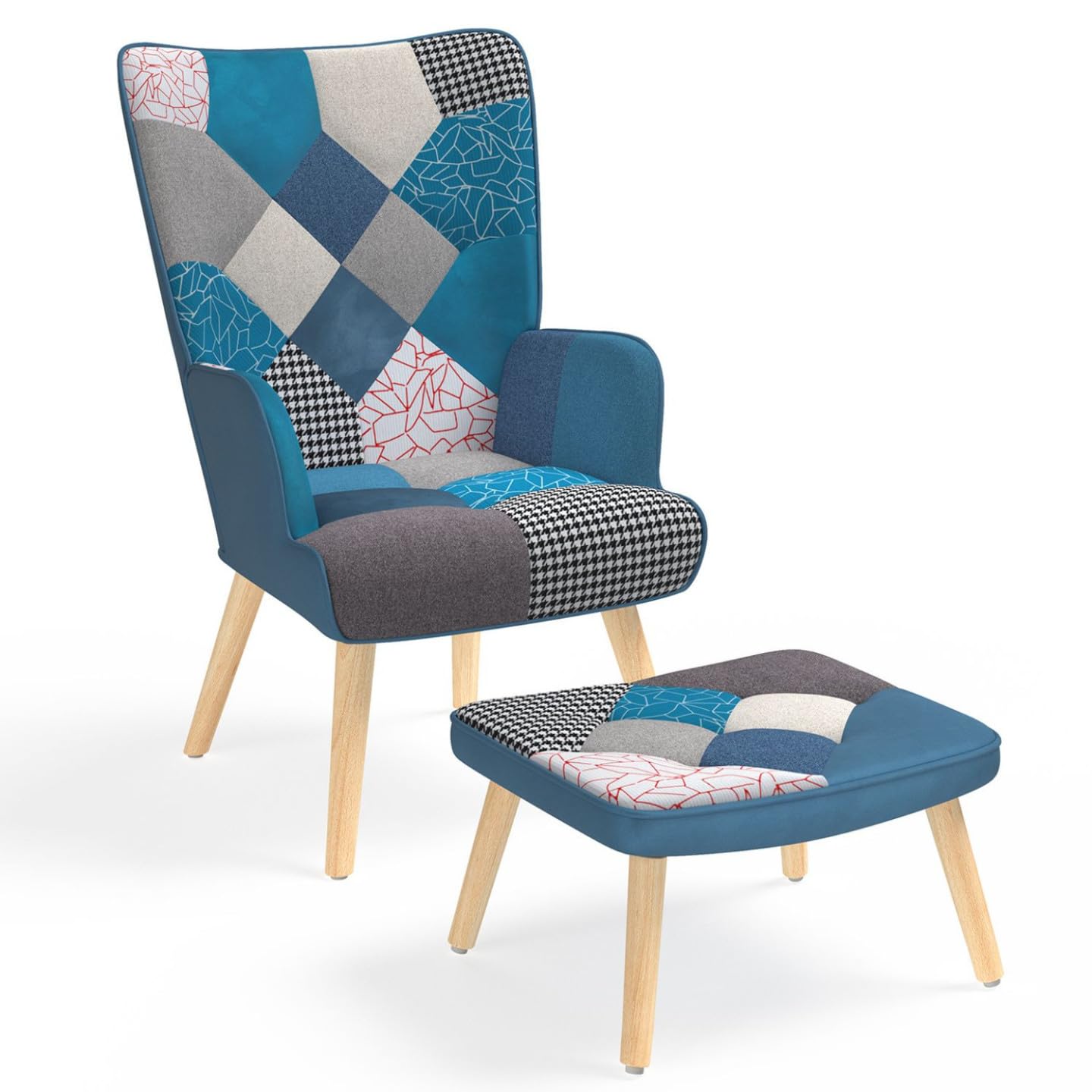 IDMarket Ivar - Sillón escandinavo con reposamuñecas en tejido Patchwork y terciopelo azul