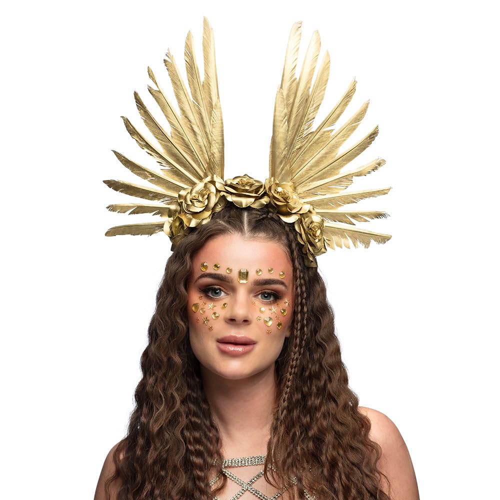 MIMIKRY Tiara Sun Goddess Headband with Feathers and Flowers Gold Headpiece Crown Tiara Halo