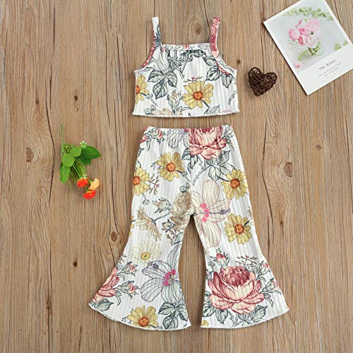 2 PCS Toddler Baby Girl Outfits Floral Crop Top and Bell Bottoms Leggings Flared Pants Set (Yellow, 4-5 T)