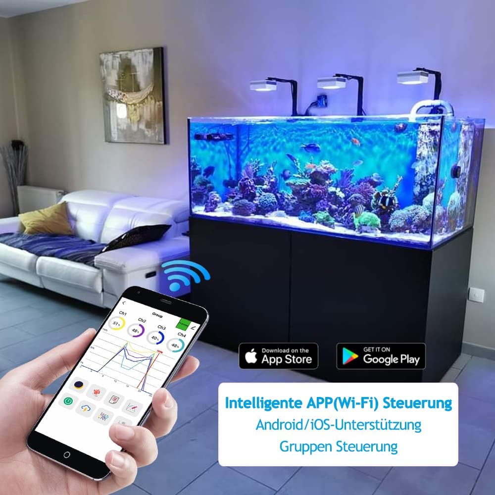 PopBloom RL90 WiFi Meerwasser LED 100W, Salzwasser LED Beleuchtung für Reef Coral Fish Wasserpflanzen Salzwasser Aquarium,APP unterstützt Deutsch (1 WiFi Lampe mit Aufhängung)