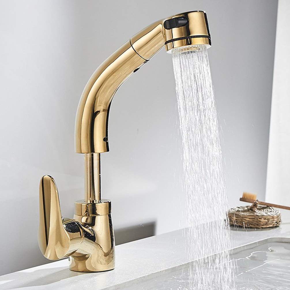 ZYCHSJXA Pull Out Kitchen Faucet Chromed Polished/Black/Gold Brass Basin Mixer Tap Sink Faucets,Gold