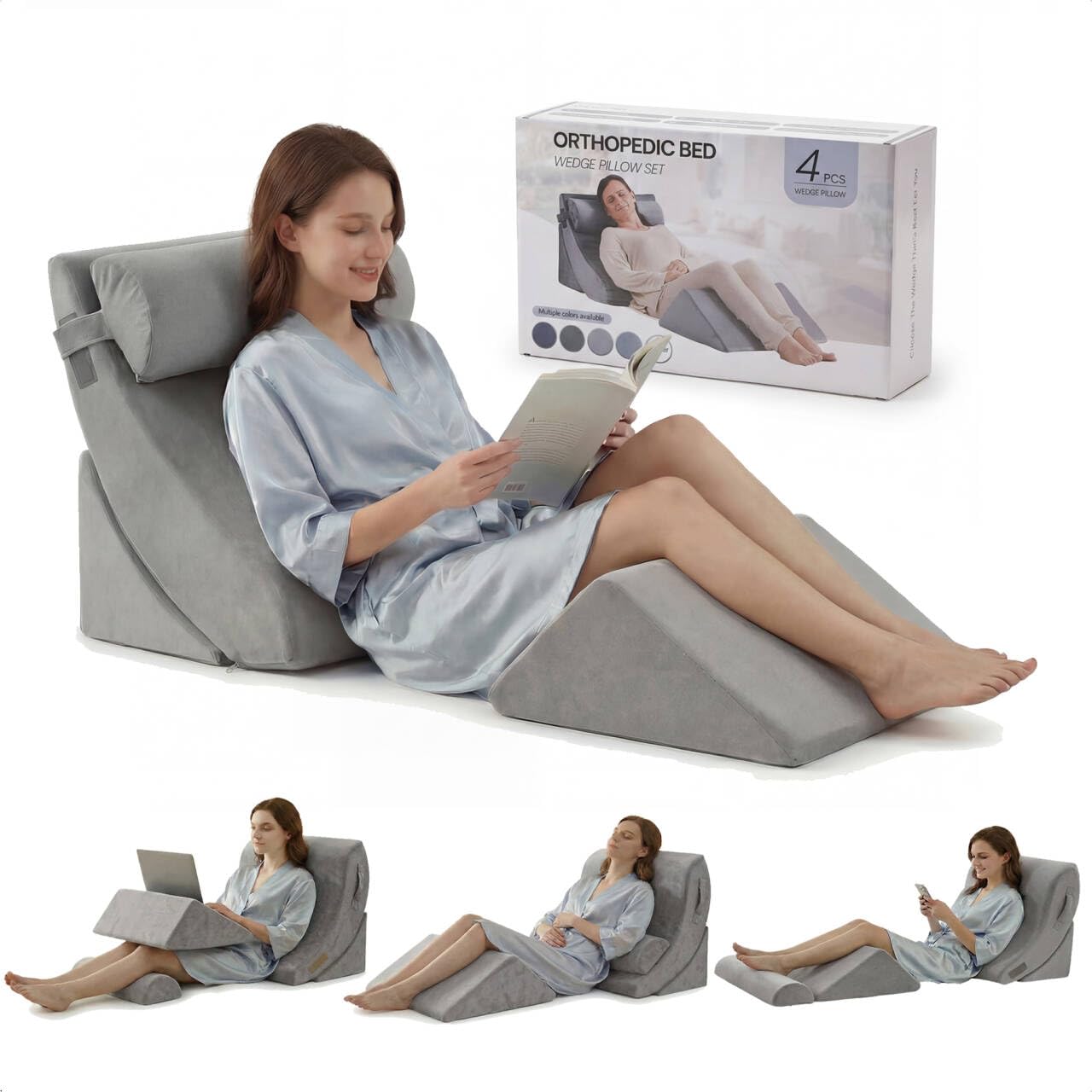 Axelrod 4PCS Orthopedic Bed Wedge Pillow Set, Post Surgery Foam for Back, Neck and Leg Pain Relief Comfortable & Adjustable Ortho Pillows- Anti Snoring, Heartburn, Acid Reflux & GERD Sleeping Grey