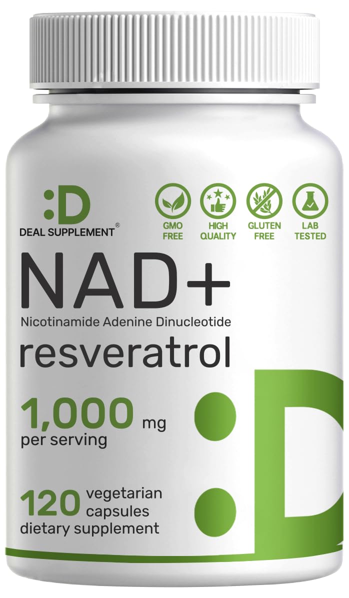NAD+ Resveratrol Supplement 1,000mg Per Serving, 120 Veggie Capsules | 2-in-1 Extra Strength NMN Supplement Alternative | NAD for Women & Men | Promote Energy, Anti-Aging & Cell Regeneration – Non-GMO