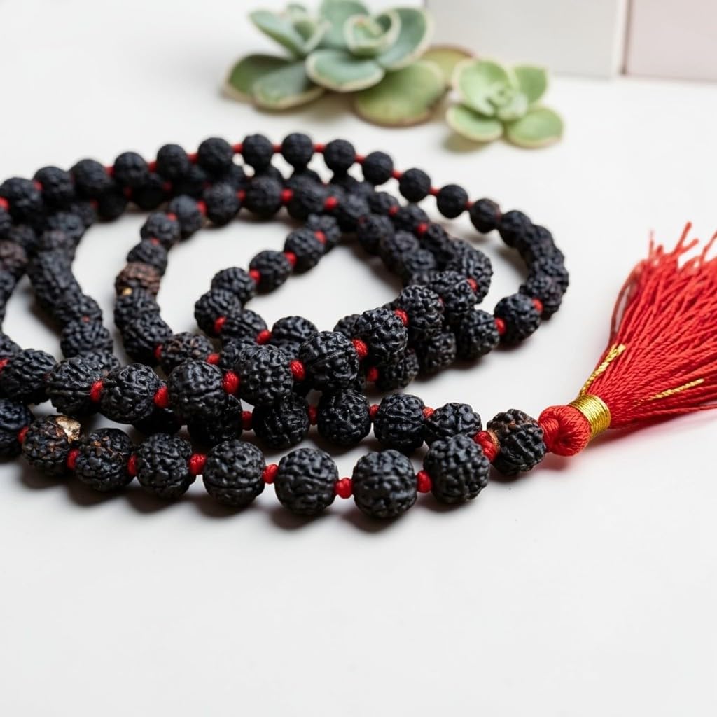 A&S VENTURES Black Rudraksha Mala 108 Beads with Red Thread & Tassel | Natural Rudraksha Jap Mala for Meditation, Prayer & Spiritual Healing | Hindu Prayer Beads for Yoga, Mantra Chanting-image-40