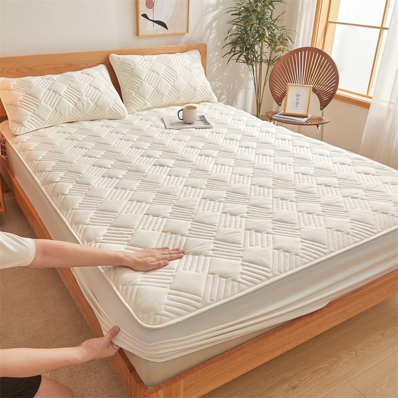 Mattress Cover Mattress Protectors Mattress Dustproof Cover Thickened Quilted Anti-Slip Fitted Sheet Lightweight Breathable Mattress Topper with Elastic Band-White||200x220cm(only Mattress Cover)