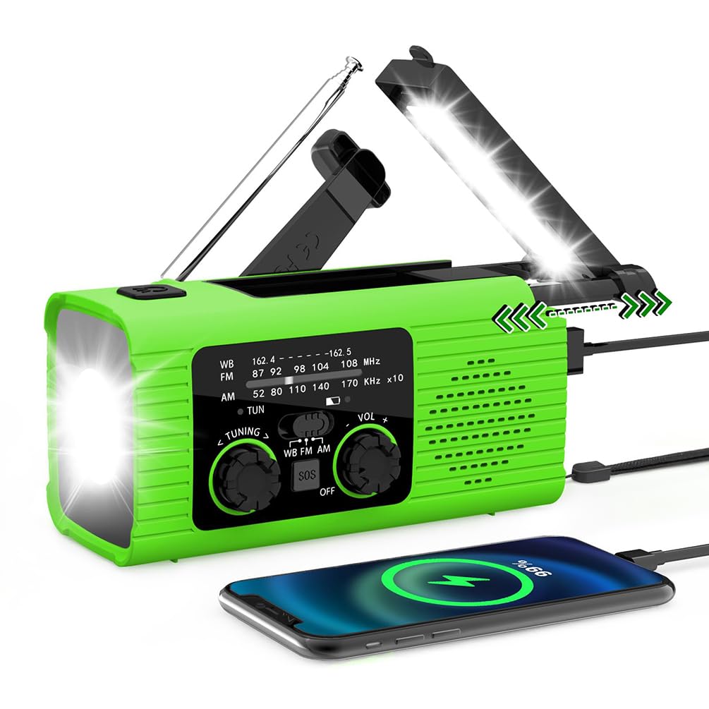 Awaryjne radio pogodowe – korba ręczna solarna dynamo radio z baterią 2000 mAh, latarka LED, alarm SOS, AM/FM/WB do biwakowania na świeżym powietrzu i gotowości awaryjnej