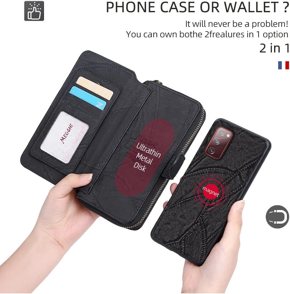 Asuwish Phone Case for Samsung Galaxy S20 FE 5G 6.5 inch Zipper Wallet Cover with Screen Protector and Flip Mirror Card Holder Cell S 20 EF UW S20FE5G S20FE 20S S2O Fan Edition 4G G5 Women Men Black