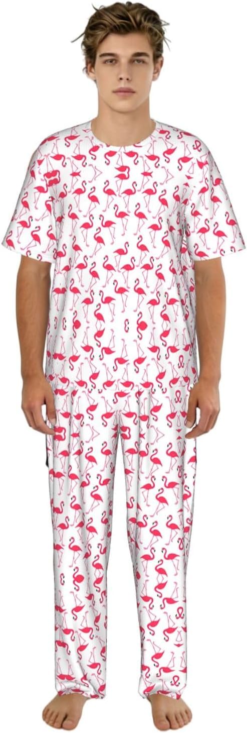 Men'S 2 Piece Loungewear Pajama Set Pink Flamingo Pattern Print Short Sleeve Tee Top And Pants Set S-3xl