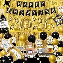 Labeol 39 PCS New Years Decorations 2026, Happy New Year Set with Large Foil Balloons, Banner, Gold Foil Curtains Black, Gold, Confetti Balloons for Party
