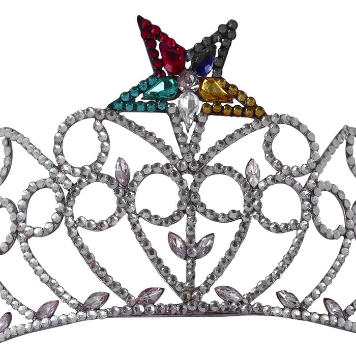 Bricks Masons OES Crown with Rhodium Plating and One Colorful Star – Adjustable Crystal Crown for Formal Wear