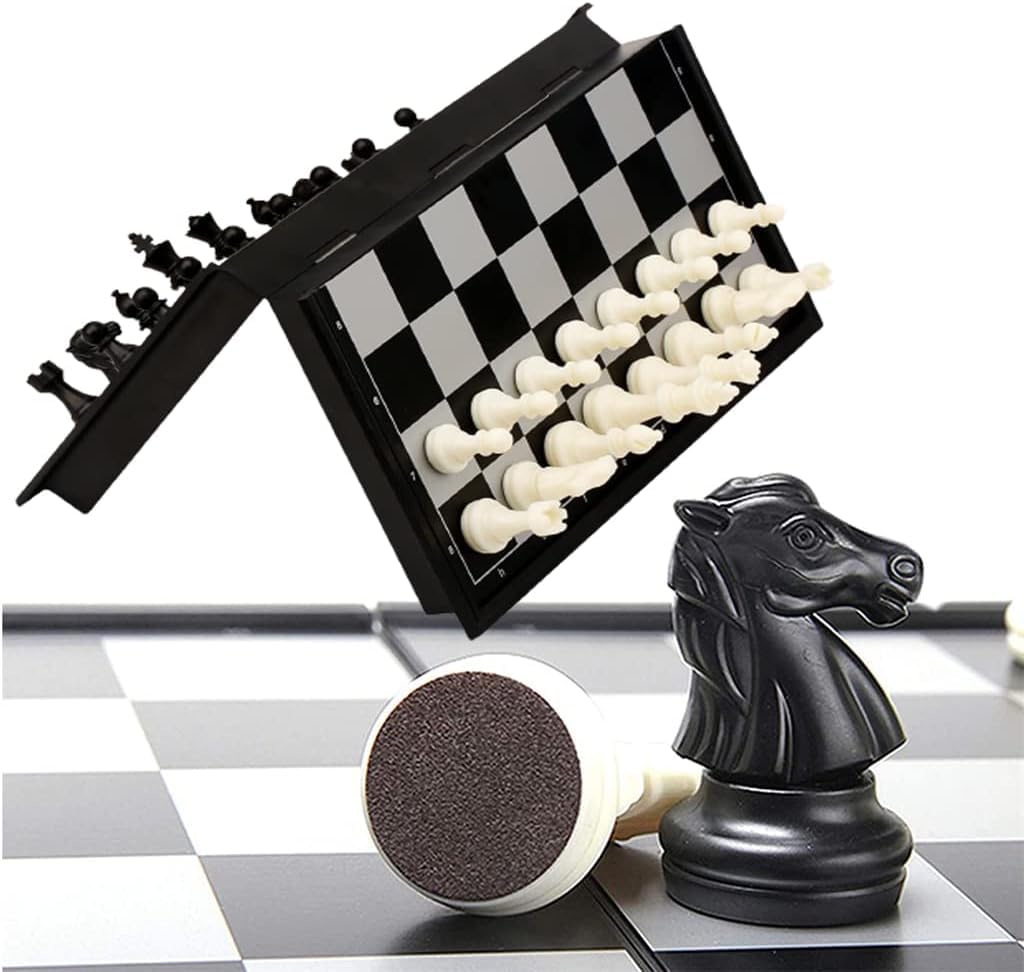 Sponsored Ad – SYOSI Chess Set, Magnetic Travel Folding Chess Board Game, Black and White Pieces, Chess Checkers, Draughts and Backgammon Set, Storage Convenient, Educational Toys for Kids and Adults, 1 Pcs