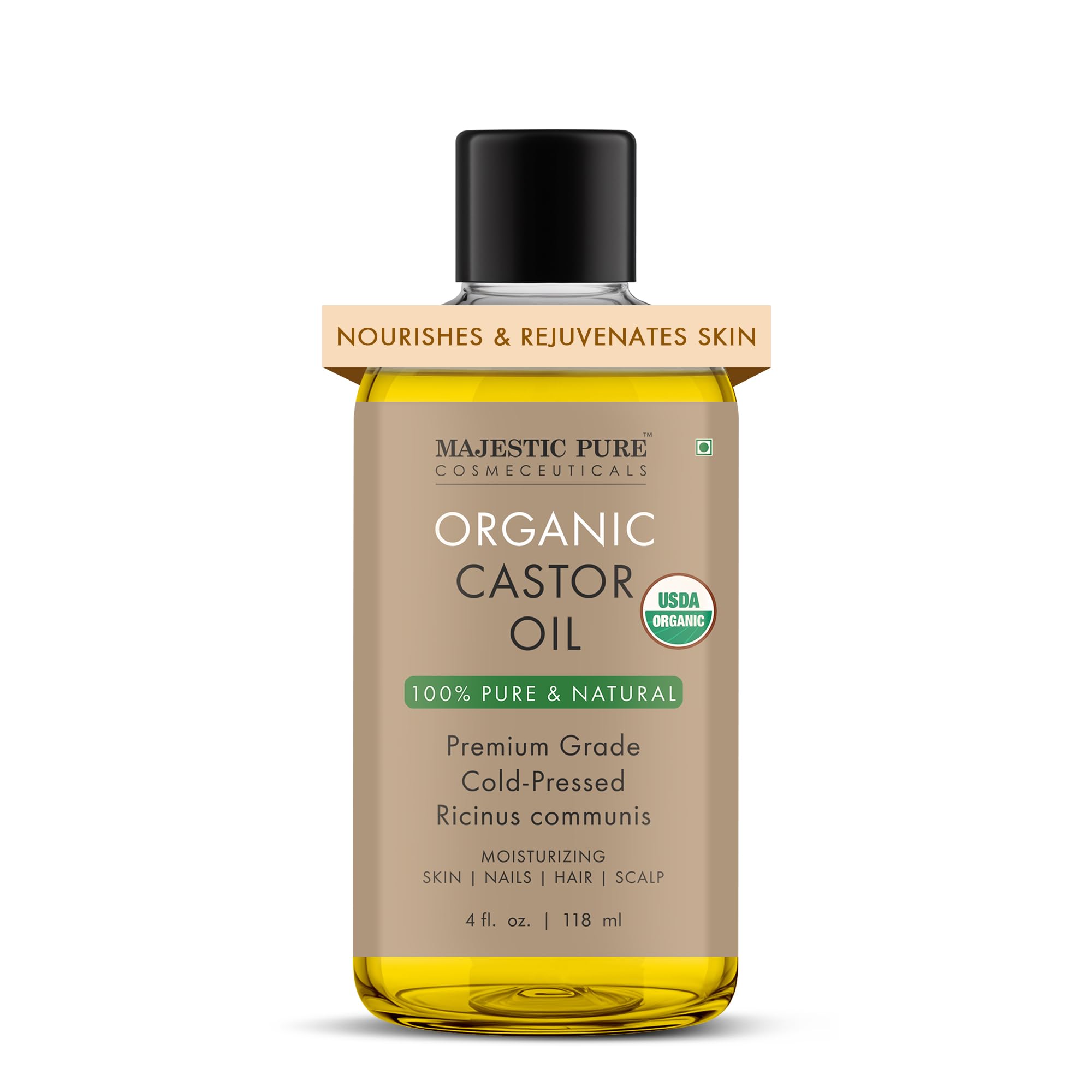 Majestic Pure USDA Organic Castor Oil | Hexane Free & 100% Pure | Cold Pressed | Stimulate Growth for Hair, Eyelashes, Eyebrows, Nails | Moisturizing & Nourishing | Body, Hair & Carrier Oil | 118 ml