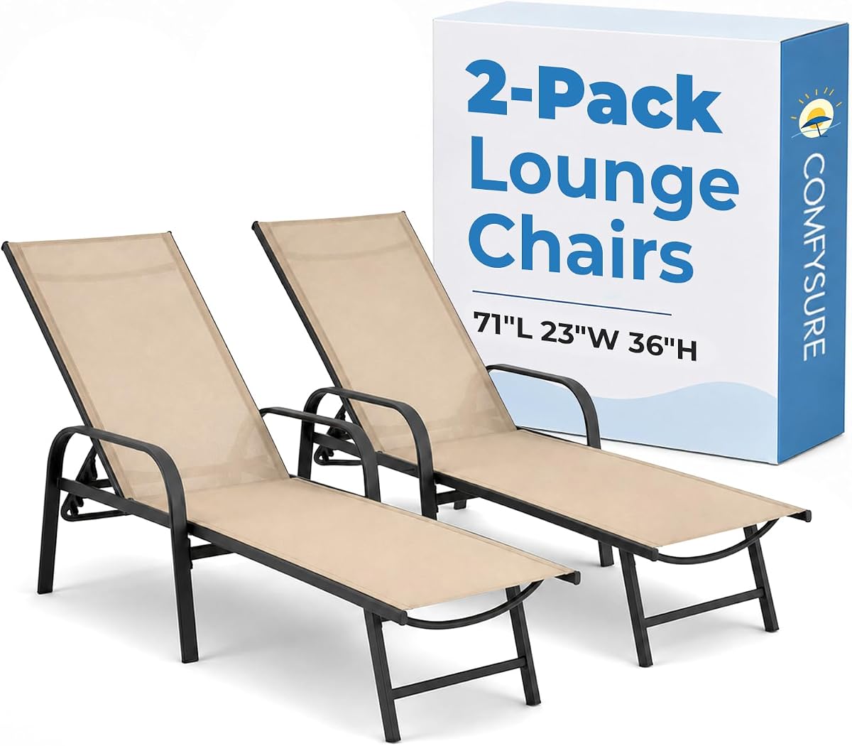 Sillones de metal para exteriores, juego de 2 con reposabrazos, reclinable ajustable en 5 posiciones, acabado antioxidante resistente a la intemperie, tumbonas para patio, terraza y piscina, color beige