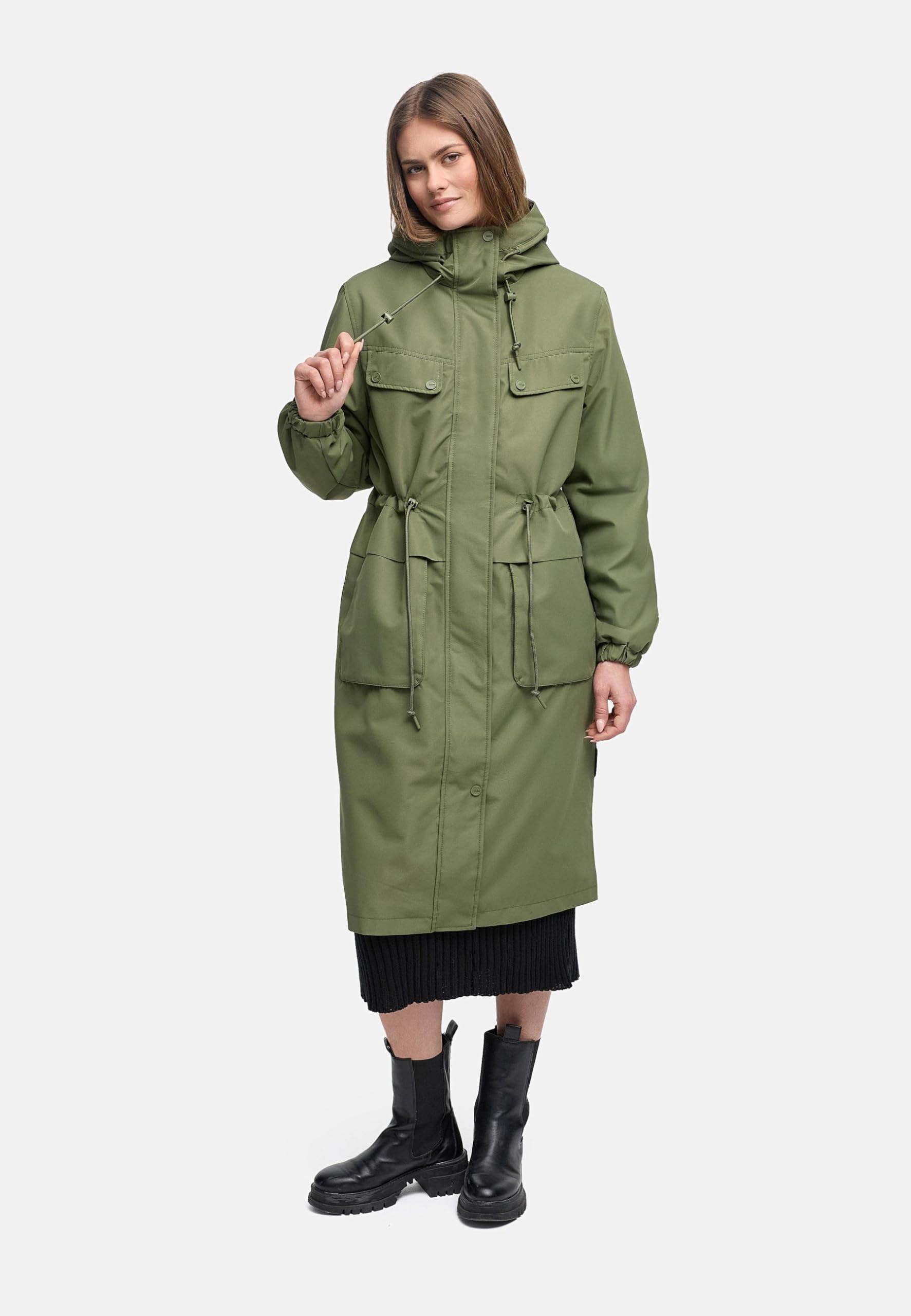 Navahoo Damen extralange wasserdichte Übergangsjacke Mantel oversize Parka mit Taillenzugband und Brusttaschen Kirschwind 14 XS-3XL