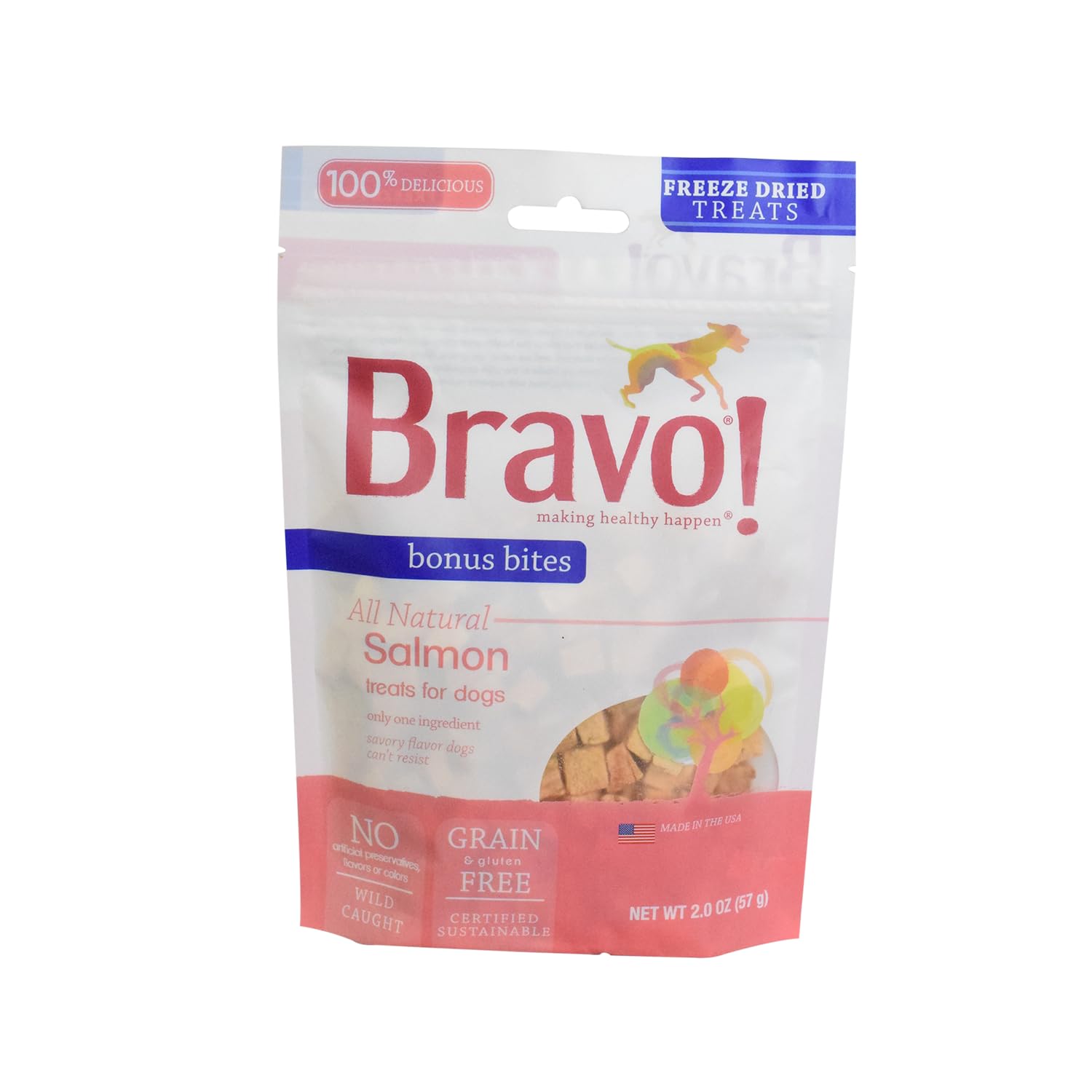 Bravo! Bonus Bites Single Ingredient Freeze Dried Raw Dog Treats, Salmon, 2 Ounce, High Protein, Grain Free, Gluten Free