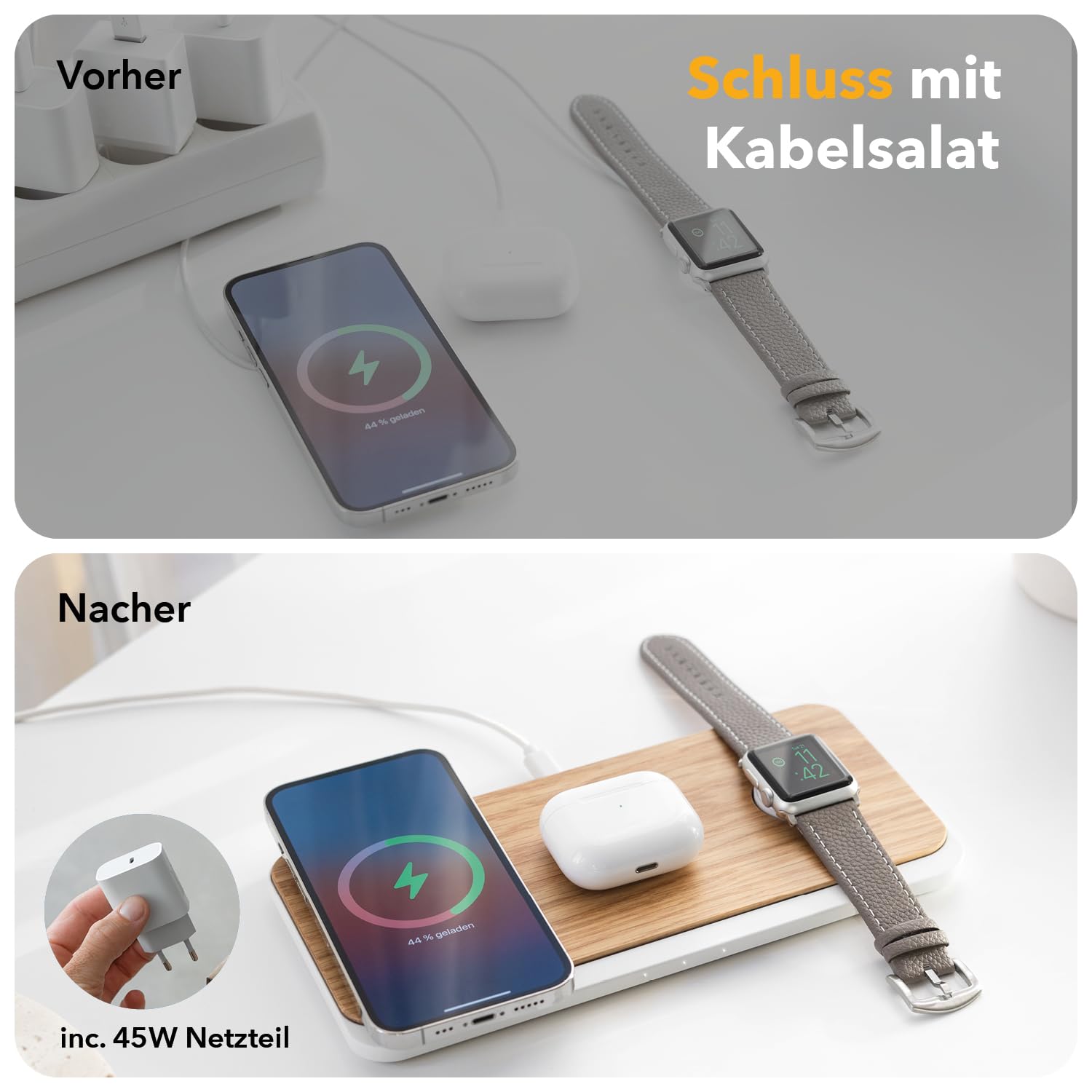 Woodcessories Multibase Pro - Estación de carga 3 en 1 de madera, cargador Magsafe, cargador inalámbrico compatible con iPhone, Apple Watch, Air Pods + adaptador de potencia de 45 W, roble