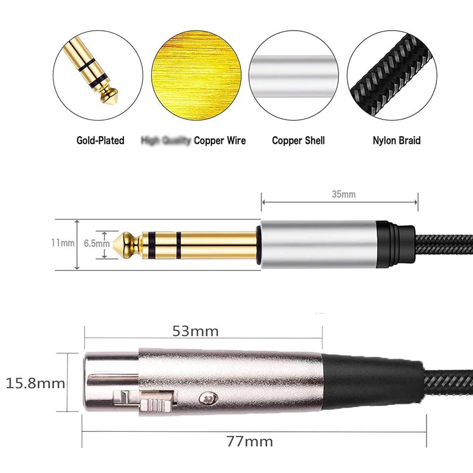 Kabel Audio Do Gitary (3-pinowy) do 1/4" 6,5 mm męski na żeński stereofoniczny zbalansowany kabel do głośników mikrofonu gitarowego (Size : 2m)