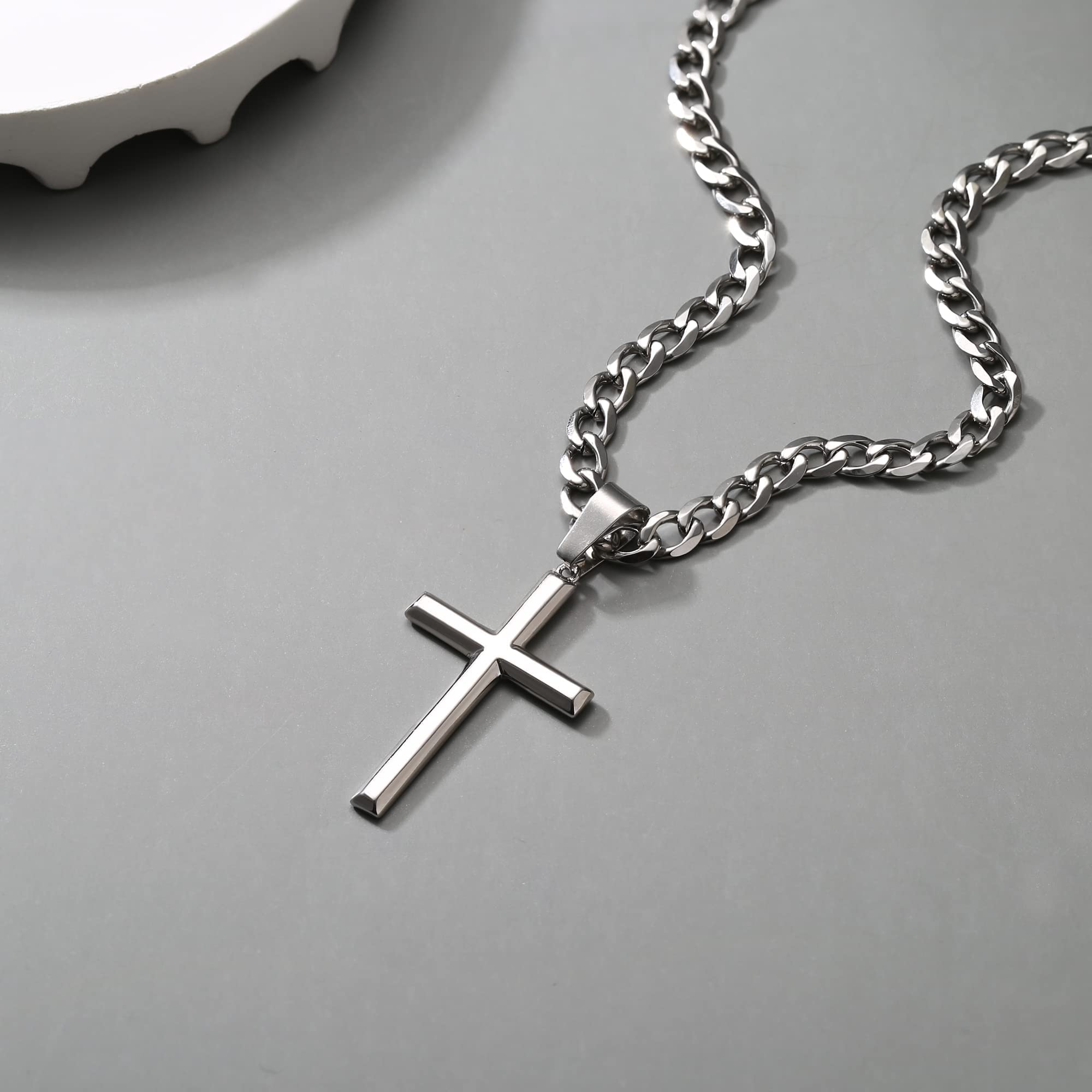 Chriscoco Collar Cruz Hombre Plata de Ley 925 Hombre Mujer 5MM Acero Inoxidable Cubano Cadena Collar con Colgante Cruz Cadena Plata para Hombre y Niños