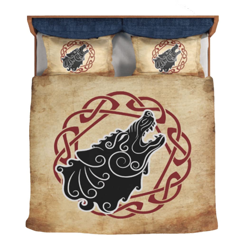 Couette King Size Loup Viking de 220x230 cm avec parure de lit celtique jaune toutes saisons