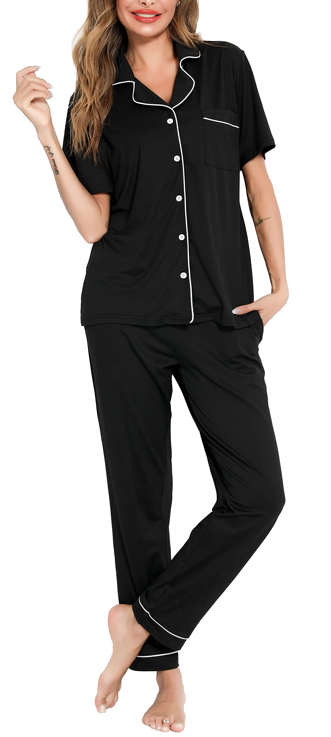 Lovasy Schlafanzug Damen Lang Kurzarm Pyjama mit Knöpfen Schlafanzüge für Damen Zweiteiliger Loungewear Set mit Taschen und Kordelzug