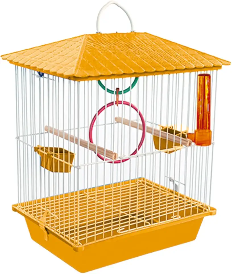 Gaiola com Teto Caçulinha para Pássaros Pequenos Aves Periquito Canário Coleiro Completa Acessórios (Amarela)