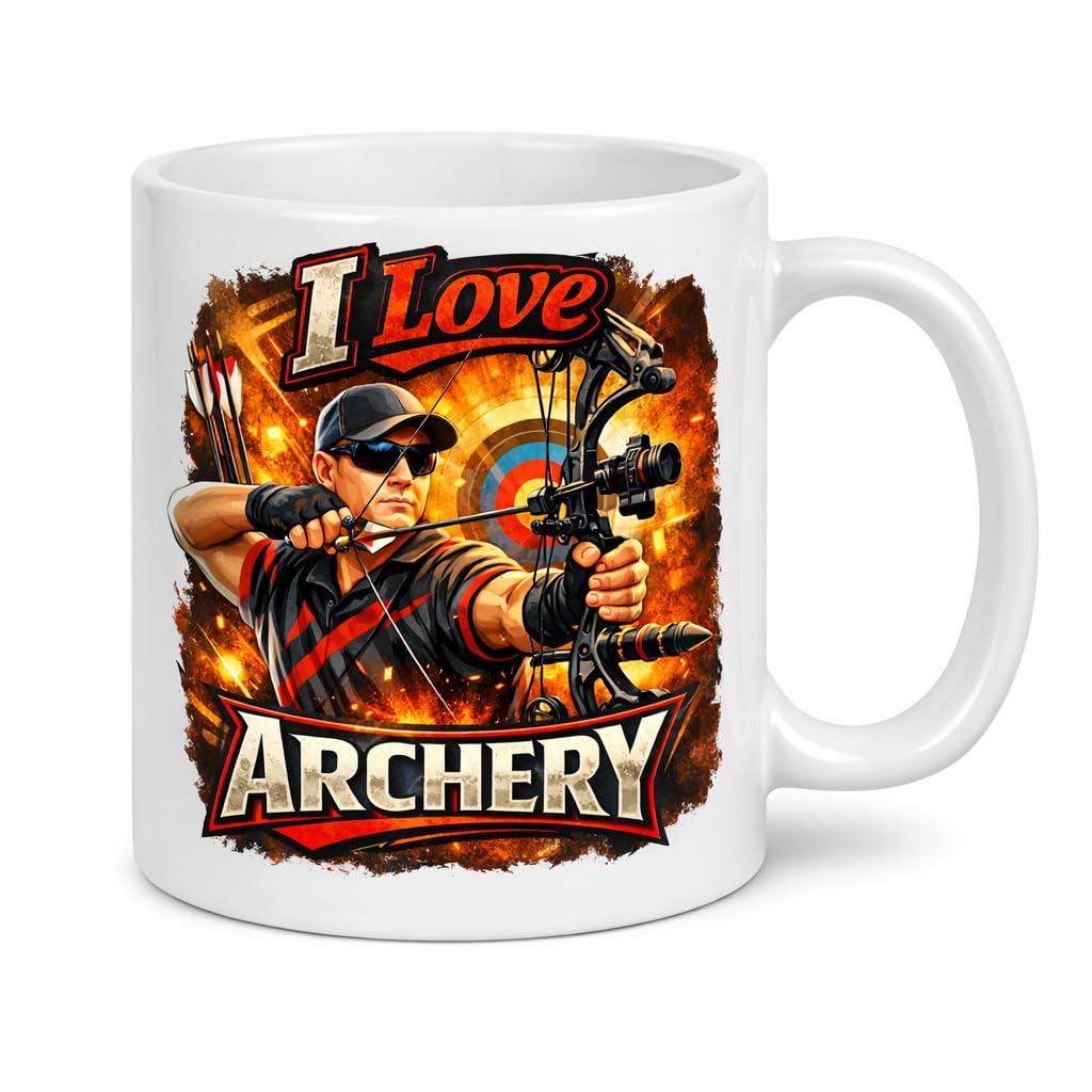 I Love Archery Mug – 11oz White Ceramic Gift for Archers and Bow Hunters – Funny Archery Design Cup for Target Shooters and Sports Fans
