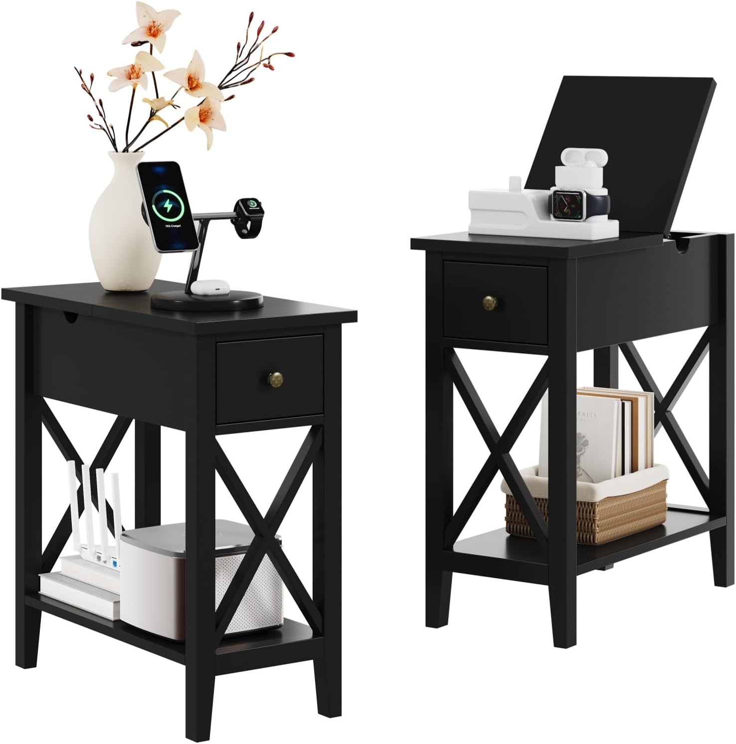 ChooChoo End Table Set of 2, Flip Top Narrow End Table with Drawer, Accent Small Side Table Nightstand for Living Room, Bedroom, and Small Spaces, Blcak