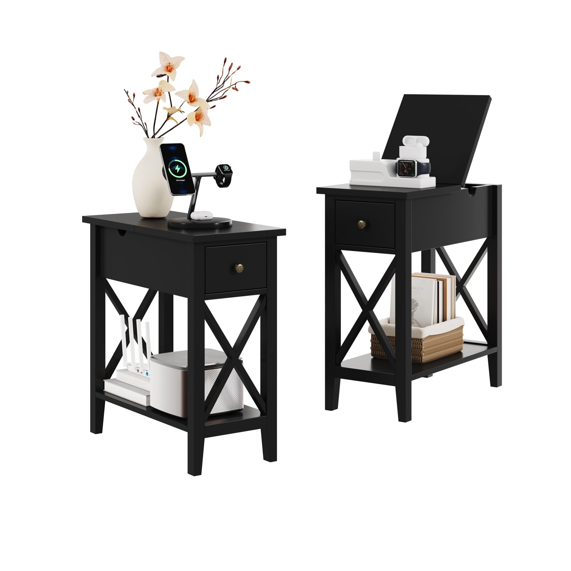 ChooChoo End Table Set of 2, Flip Top Narrow End Table with Drawer, Accent Small Side Table Nightstand for Living Room, Bedroom, and Small Spaces,