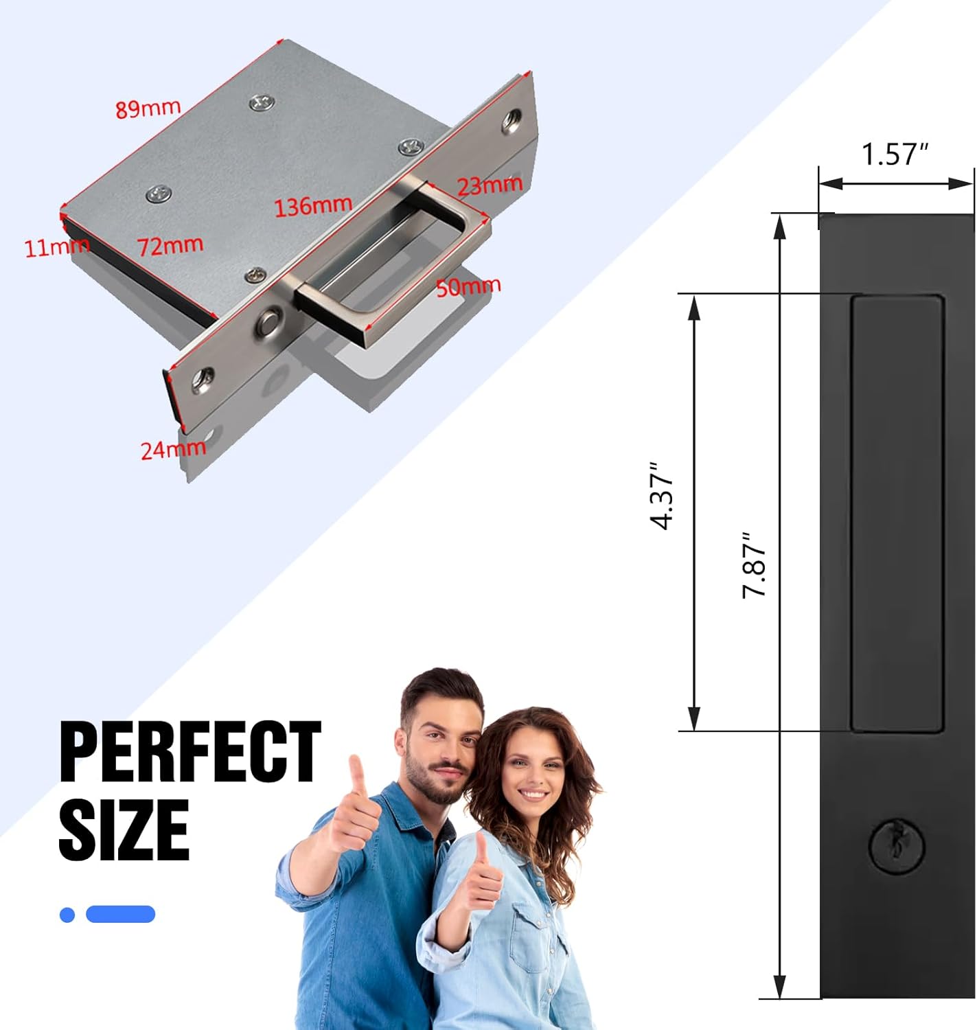 Pocket Door Locks, Edge pulls, Hidden Handles, Pocket Door Locks with Keys, Pocket Door Hardware, Sliding Door Hardware, for Doors 1 5/13" to 2 2/8" Thick (Black, Key Type)