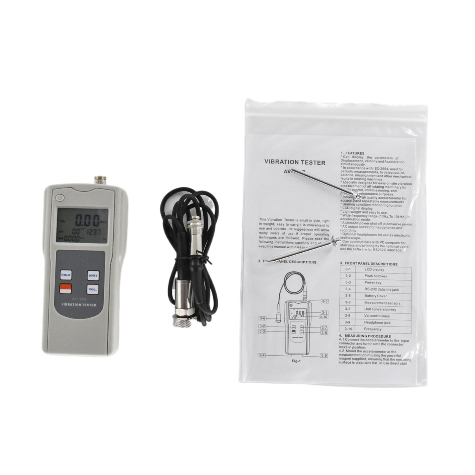 Schwingungsmesser, AV-160B Tragbarer digitaler Vibrationsmesser, Tester, Analysator mit Beschleunigungs-, schwindigkeits- und Verschiebungstester,Schwingungsfrequenzanalysator