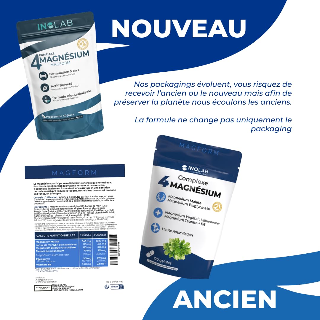 INOLAB Magnésium Premium 5-en-1 | Magnesium Bisglycinate + Malate + Laitue de mer bio + Taurinate | Magnesium B6 | Haute Absorption & tolérance | Anti-Stress & Fatigue | 120 Gélules