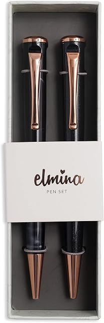 Black Marble and Rose Gold Ballpoint Pen Gift Set For Women - Premium Refillable Pen Set with Black Ink, By Elmina