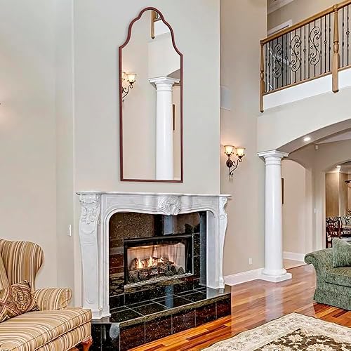 Chende Espejo arqueado antiguo con marco de madera, espejo de bronce de granja de 47 x 20 pulgadas para decoración de pared de sala de estar, espejo