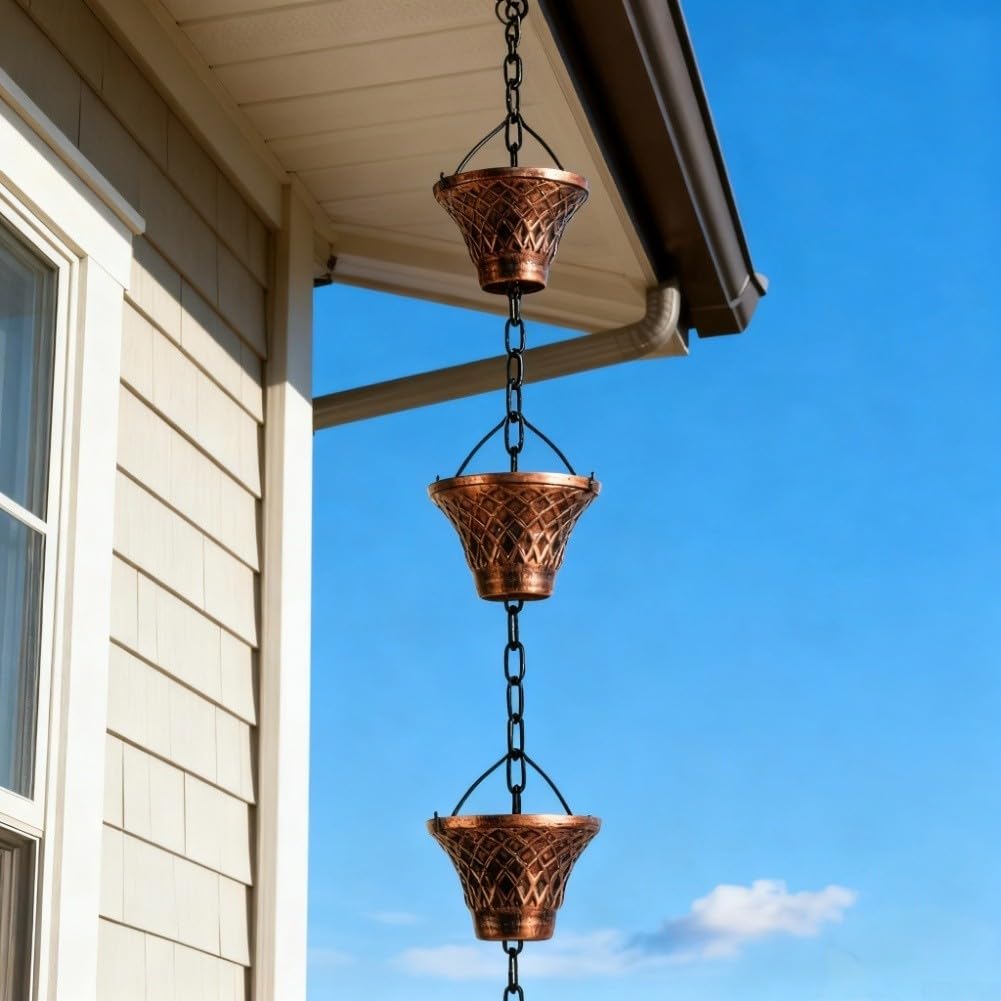 Chaîne de pluie de 2,7 m pour décoration de jardin en extérieur - Bronze bleu fer géométrique - Fixation de gouttière artistique facile à installer (bleu)