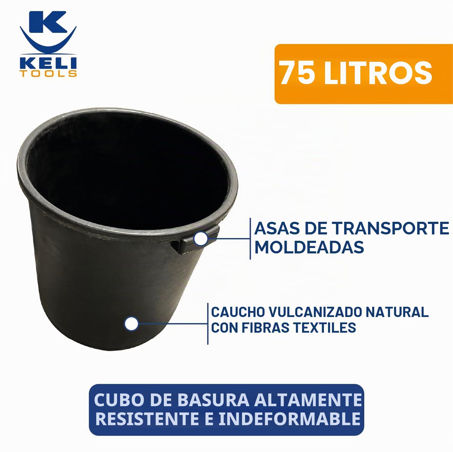 Keli – Cubo de basura 75L de goma vulcanizada natural: asa de transporte – Calidad profesional – Uso múltiple