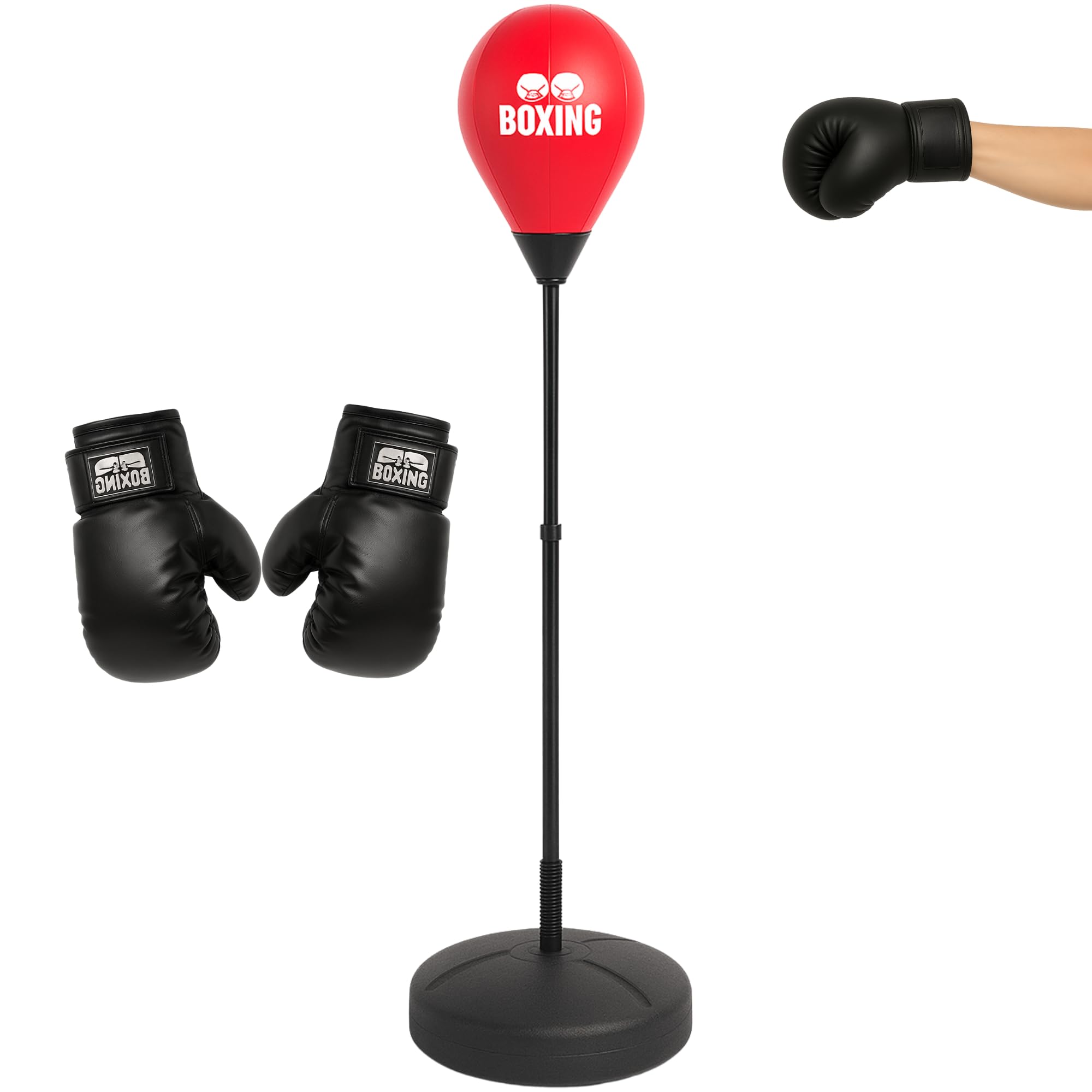 DEVESSPORT Punching Ball Infantil Rojo | Altura Ajustable de 1,26 a 1,46 m, con Guantes de Boxeo y Base Rellenable – Juego de Boxeo para Niños a Partir de 5 Años