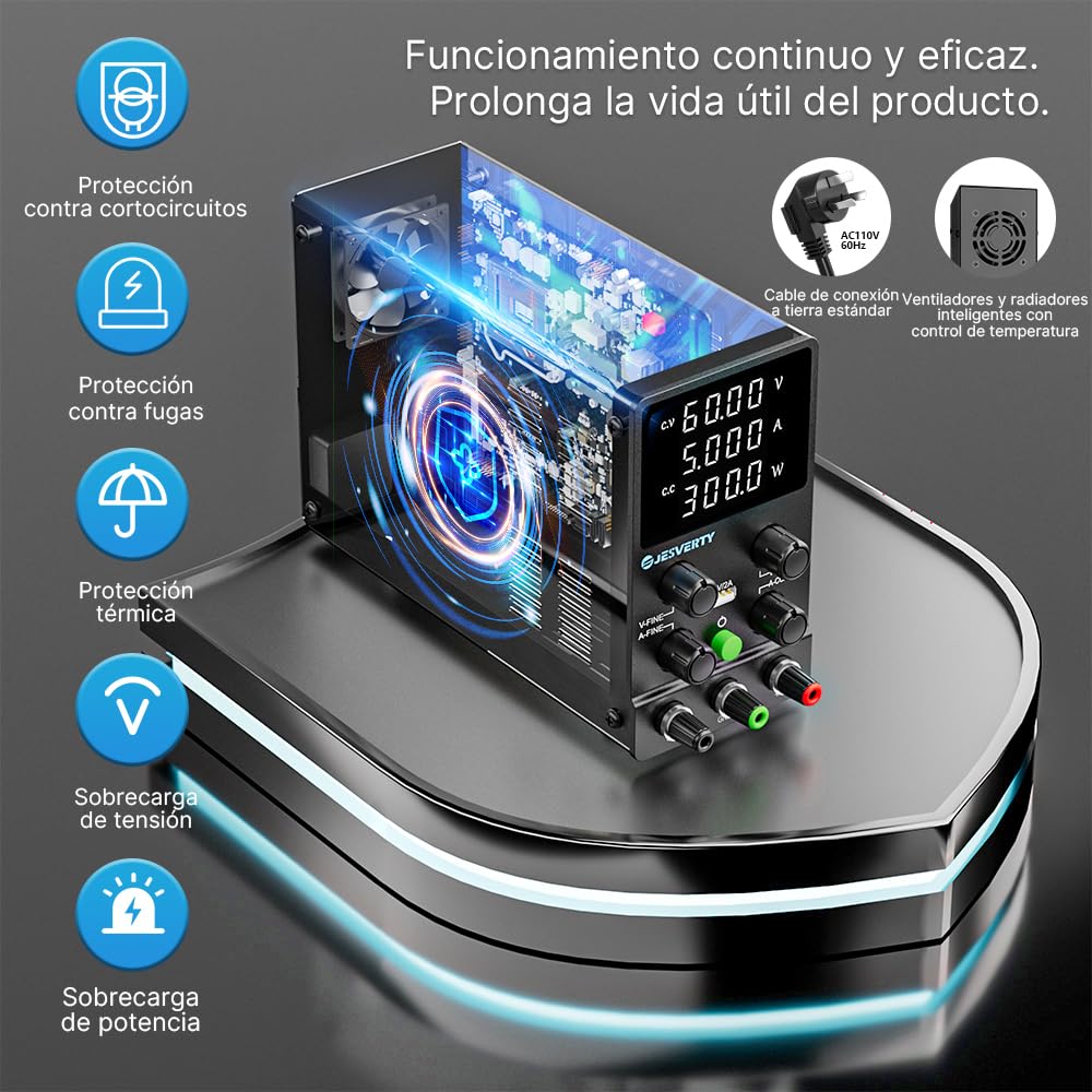 Fuente de Alimentación Regulable 60V 5A DC Fuentes de Alimentación de Laboratorio Fuente de Alimentacion de Banco Ajustable Pantalla LED de 4 Dígitos Jesverty SPS-6005N — view 2