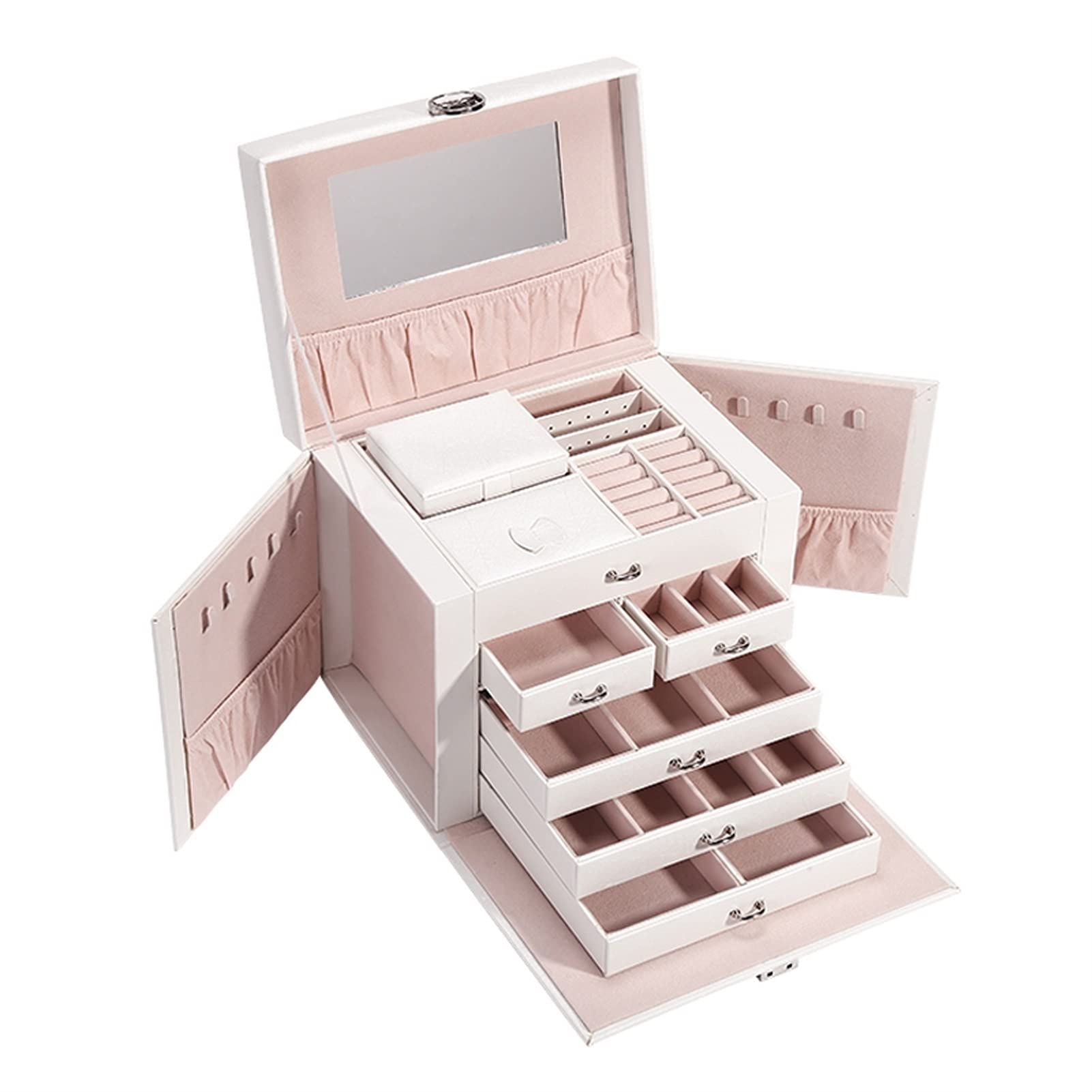 TIANQIHAO Jewelry Box For Women Girls With Mirror Necklace Ring Earrings Organizer Pu Leather Removable Drawer Jewelry Box Multi-Layer Design Small Jewelry Box