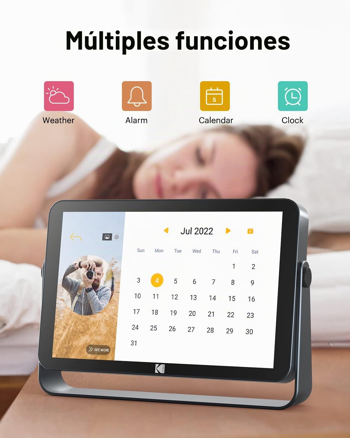 Marco de Fotos Digital de 10,1 pulgadas con Recargable Bateria, Pantalla Táctil IPS en Alta Definición, Compartir Fotos y Videos Mediante la App, con Video Música Calendario Alarma Clima