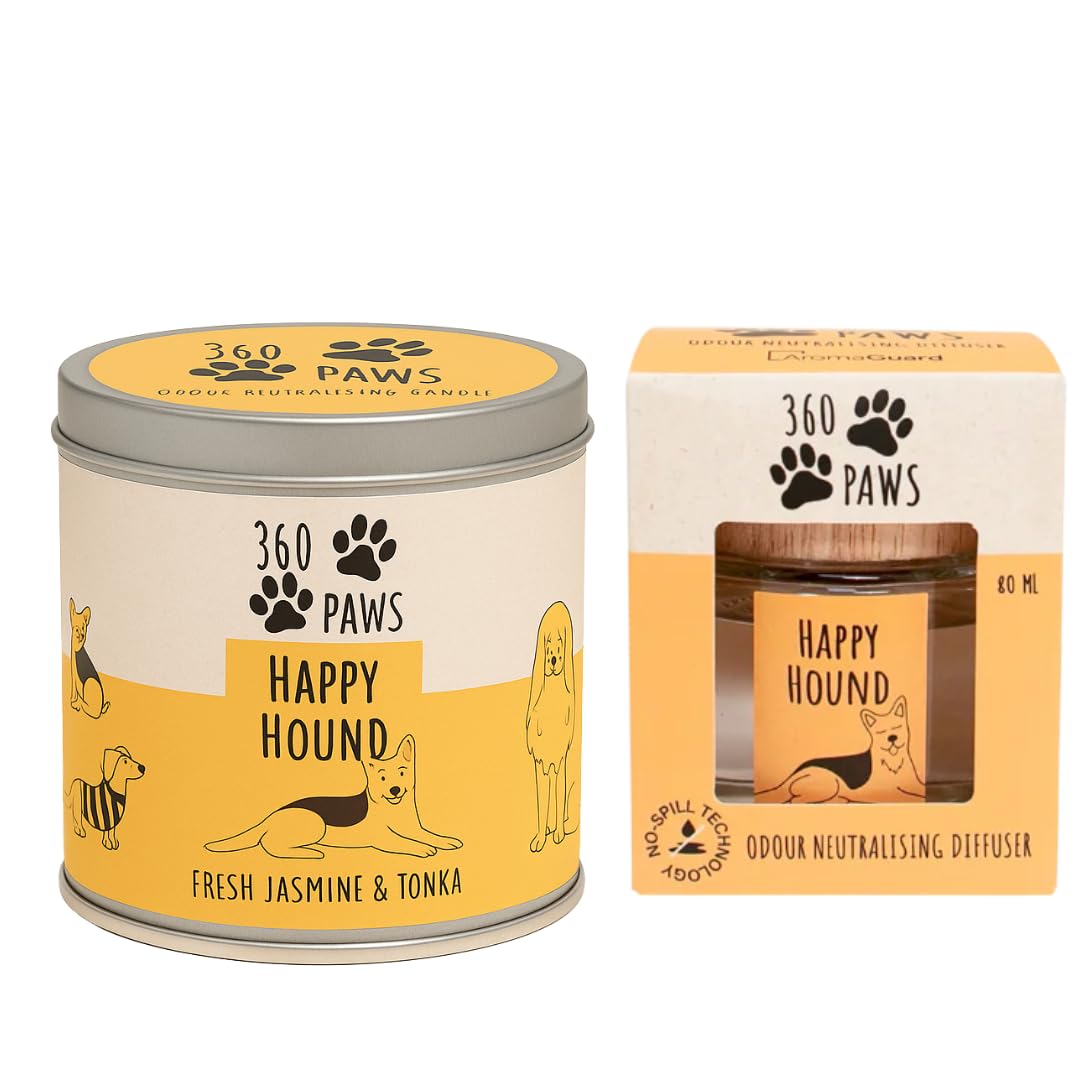 360 Paws Happy Hound Fresh Jasmine & Tonka Odour Neutralising Candle & Diffuser Set – Tin Candle and Wooden-Lid Diffuser – Pet-Friendly Home Fragrance Duo for Cleaner, Fresher Spaces