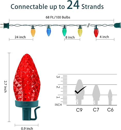 Miniatura 2 de Luces LED C9 de Navidad para exteriores, 68 pies, 100 luces LED C9 con 100 clips todo en uno, luces de árbol de Navidad impermeables conectables