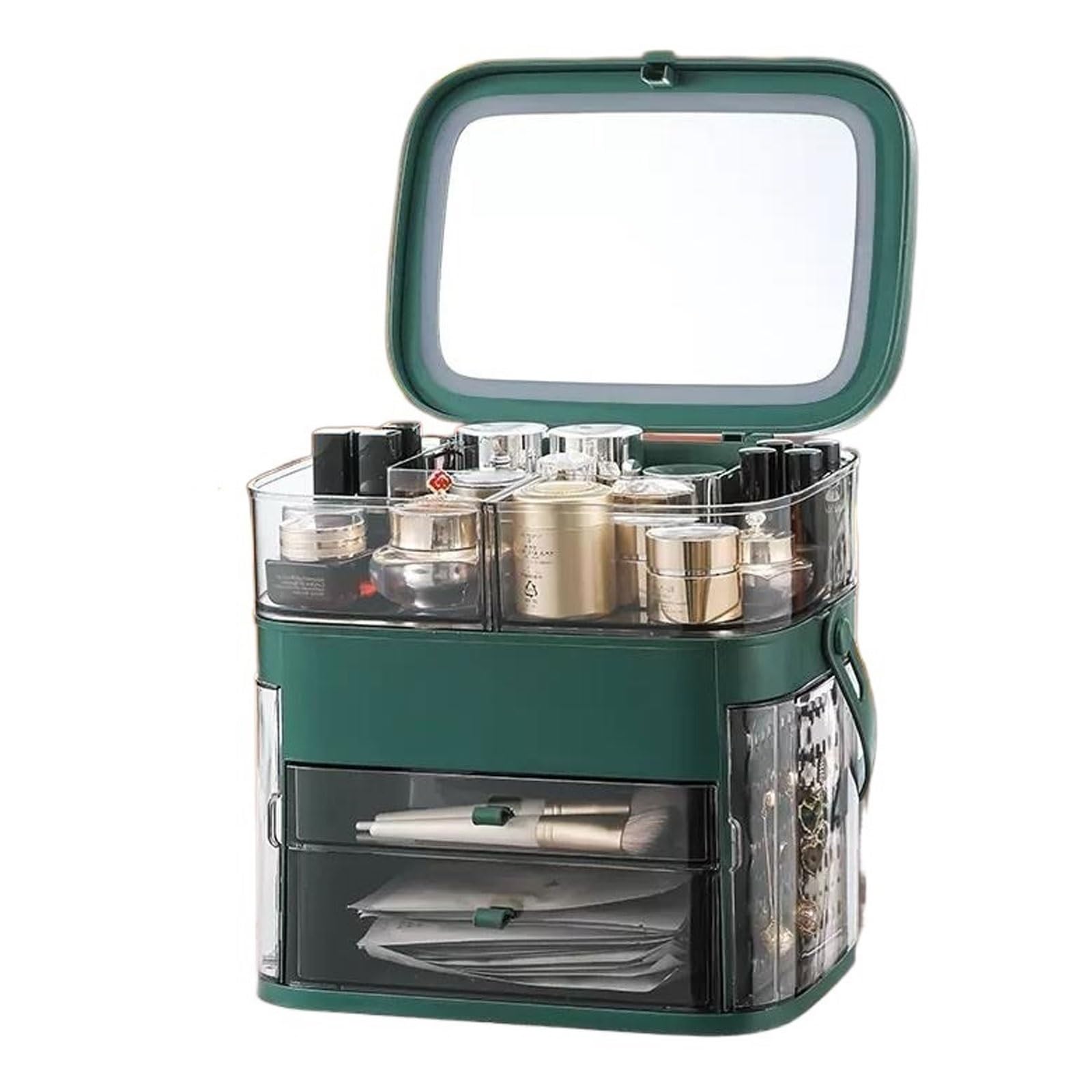 ZYYANSHOP Large Capacity Cosmetics Box, Portable Makeup with Mirror for Home Use & Travelling, Multi-purpose Organizer Carrying Case, for Bedroom Dresser Vanity Countertop Cosmetic Storage Box(Green)