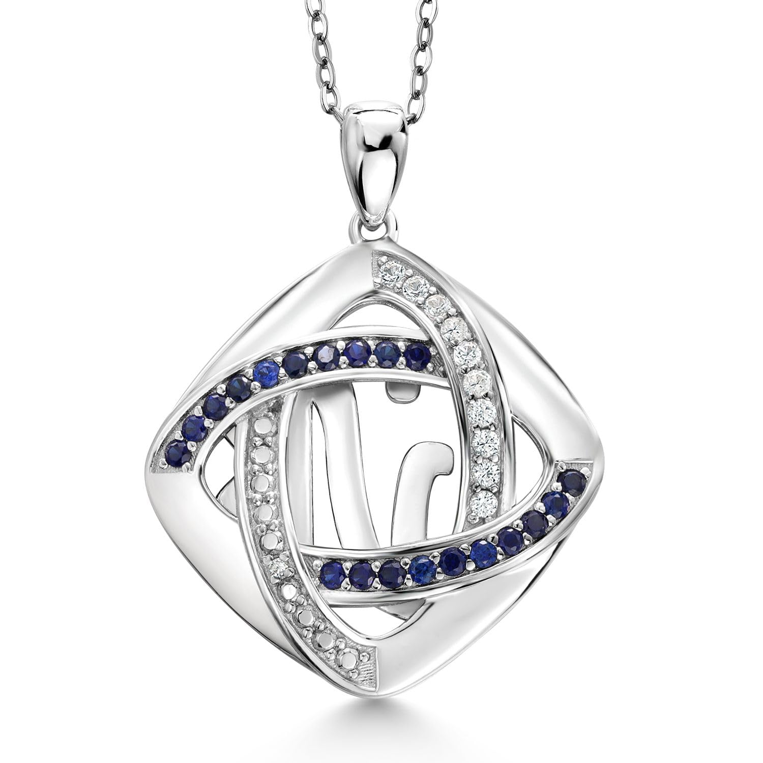 Gem Stone King 925 Sterling Silver Inter-loop Blue Created Sapphire and Accent Diamond Pendant Necklace For Women With 18 Inches Silver Chain