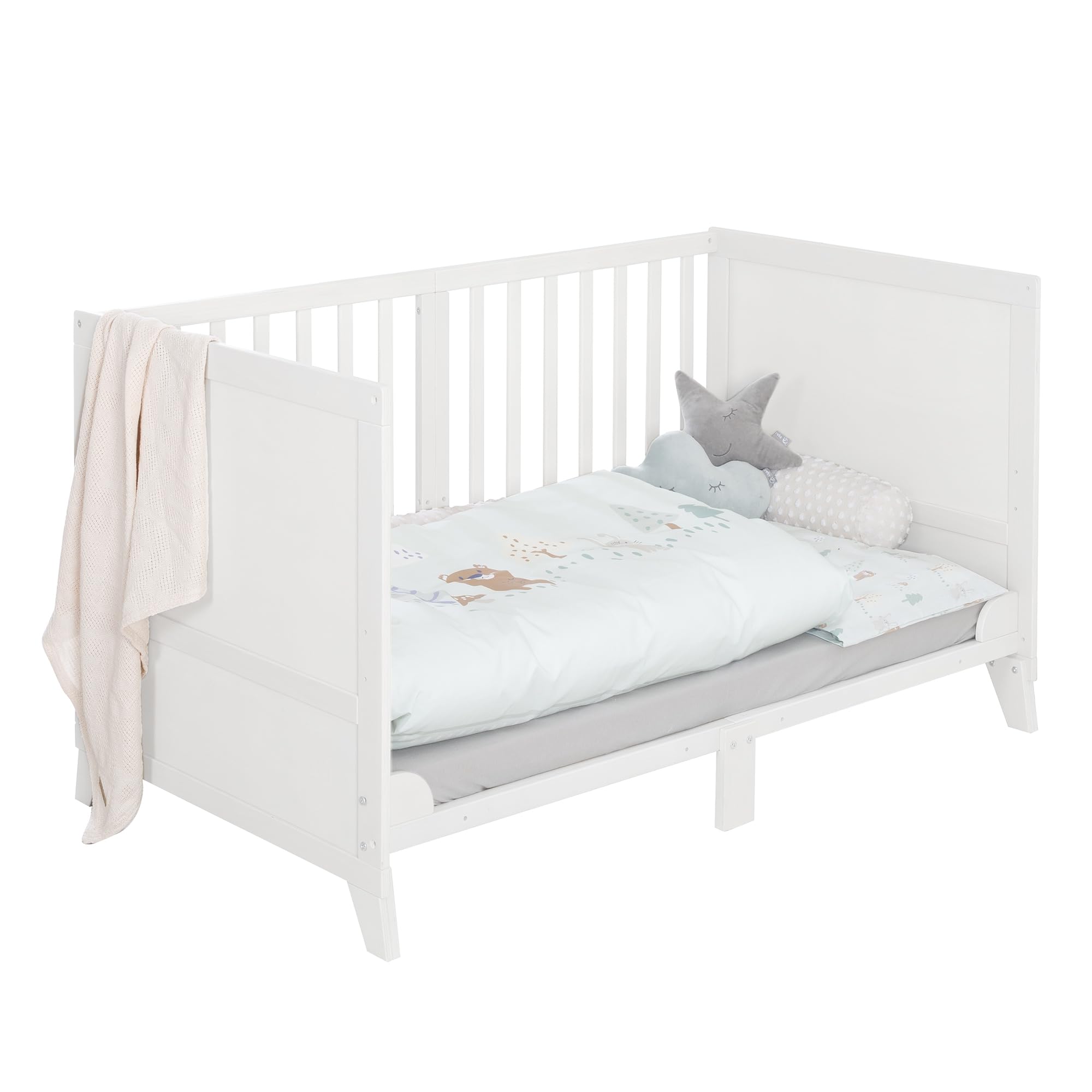 roba Ensemble Complet de Lit Bébé Woodland Buddies - Lit Évolutif 70 x 140 en Bois + Matelas, Linge de Lit, Baldaquin et Support de Baldaquin - À Partir de 6 Mois - Blanc