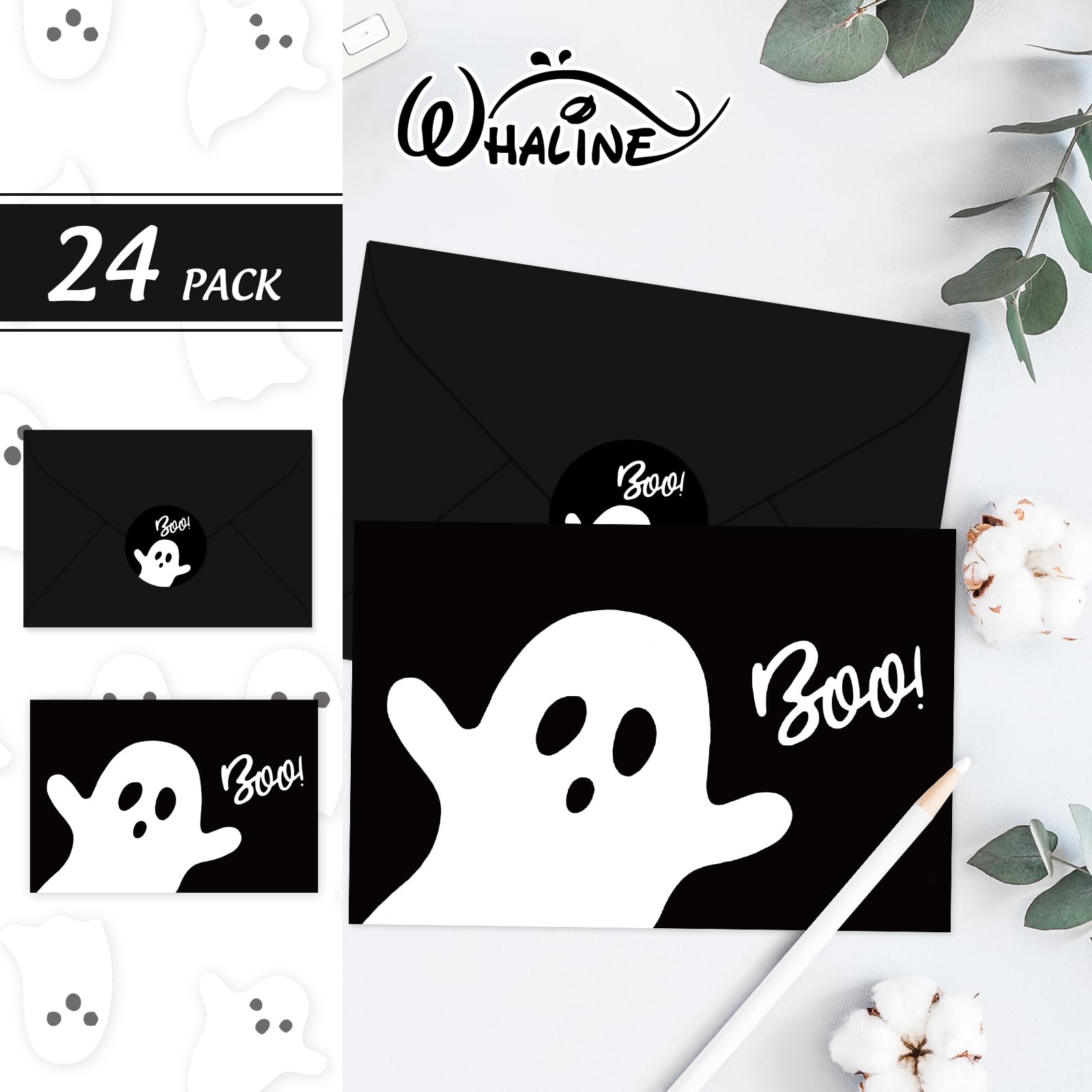 Whaline Lot de 50 cartes de vœux d'Halloween avec enveloppes et autocollants pour Halloween, anniversaire, fête prénatale, 10,2 x 15,2 cm