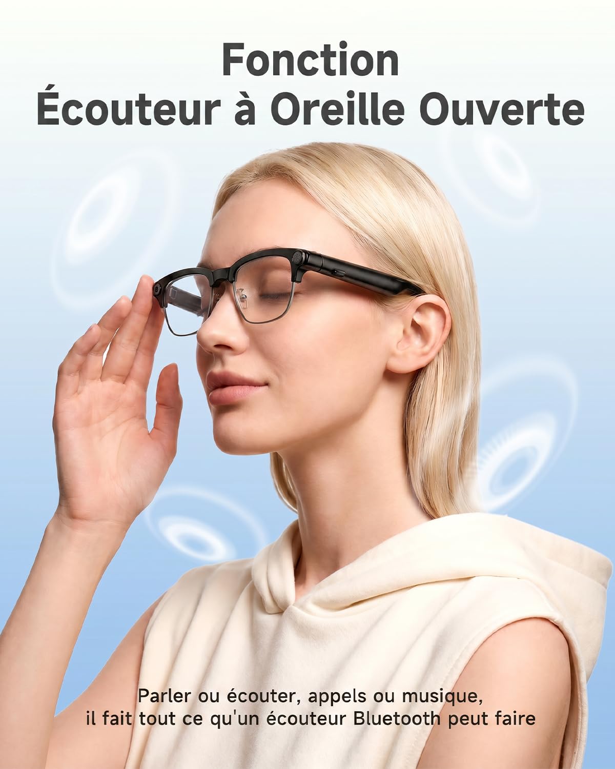 TOOBUR Lunettes connectées AI avec Appareil Photo 8MP, vidéo HD 1080P Anti-Flou, Traduction en Temps réel & Assistant Vocal, appels Bluetooth & Audio à Oreille Ouverte pour vlog, Voyage & réunions