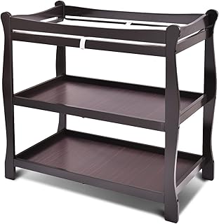 Costzon Baby Changing Table, Infant Diaper Changing Table Organization, Newborn Nursery Station with Pad, Sleigh Style Nursery Dresser Changing Table with Hamper/ 2 Fixed Shelves (Espresso)
