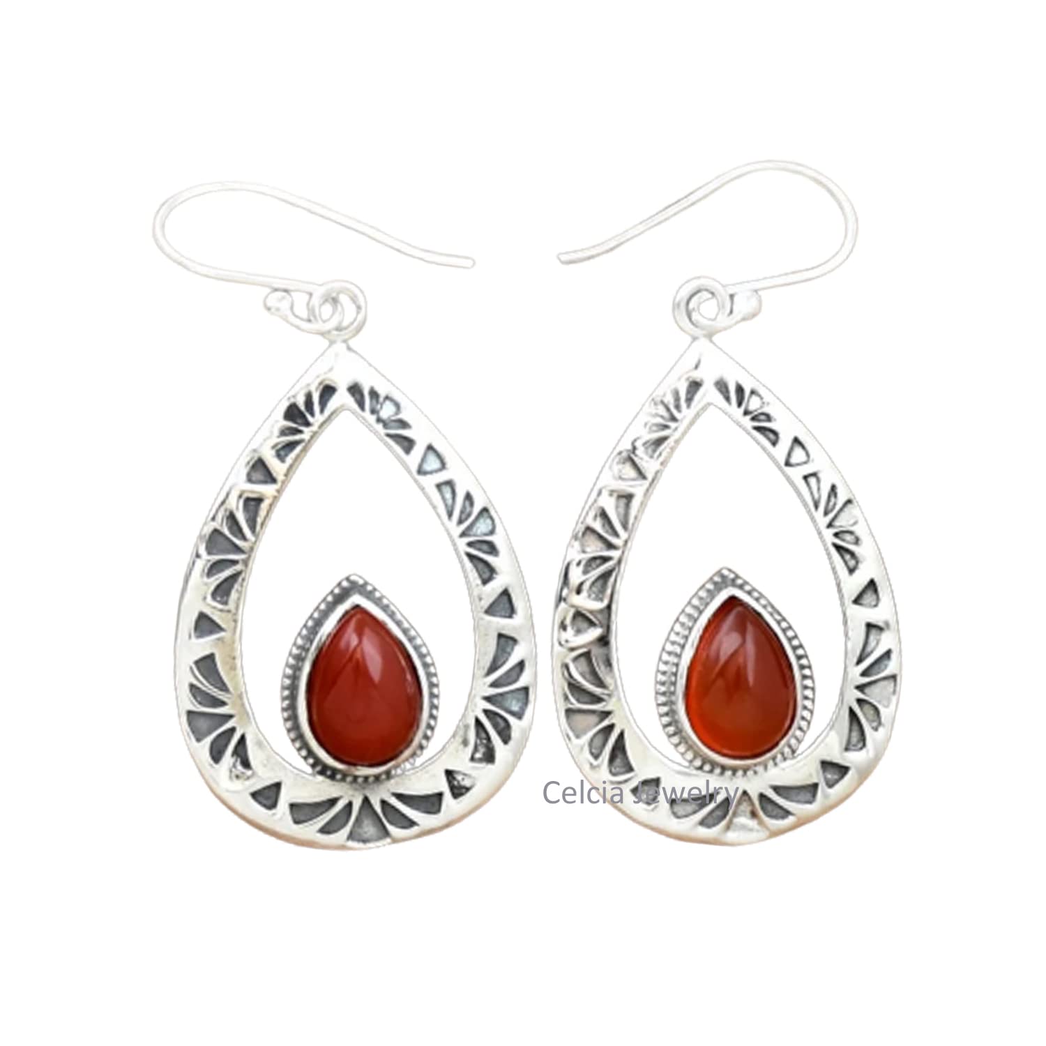 Orecchini pendenti in vero argento sterling 925 per le donne, orecchini delicati con pietre preziose naturali di onice rosso, orecchini artigianali unici